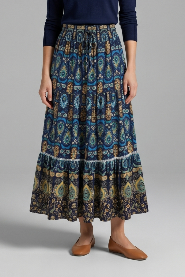 Soft, flowy women's tiered maxi skirt with a comfortable elastic waist. Great for all-day casual or elegant wear.