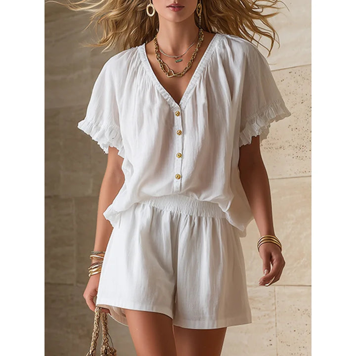 Versatile women's two-piece casual shorts set with flutter sleeves, great for summer daily wear.