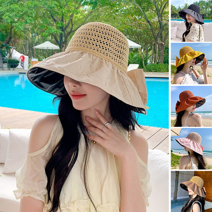 Stylish wide-brim beach hat for women, foldable with a bow, providing excellent sun protection.