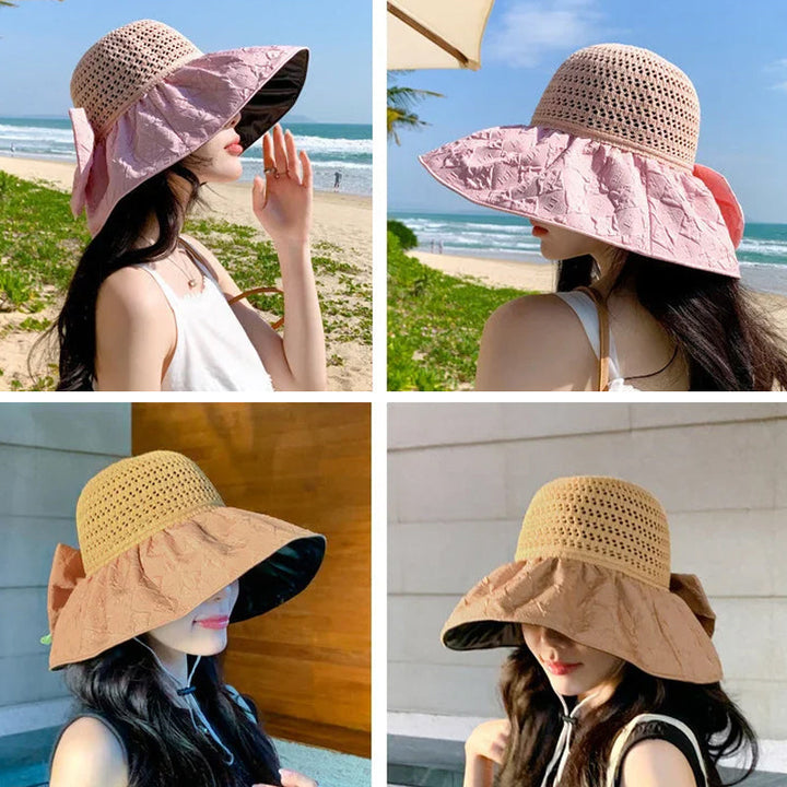 Women's summer accessory: a wide-brim, foldable sun hat with a charming bow for UV protection.