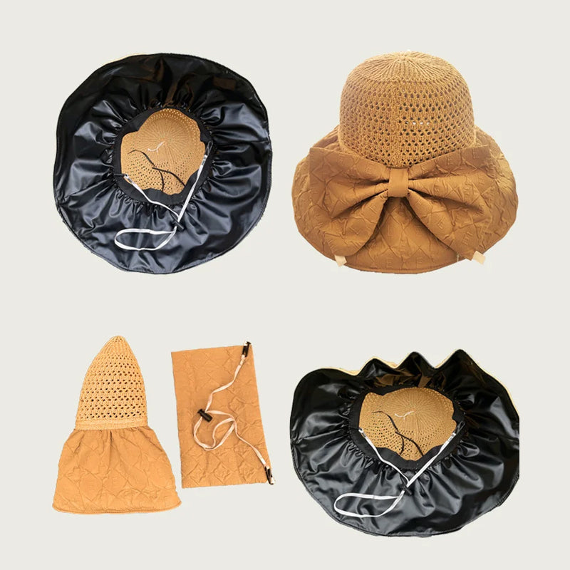 Papyrus wide-brim women's hat, foldable and accented with a bow, great for sunny days.