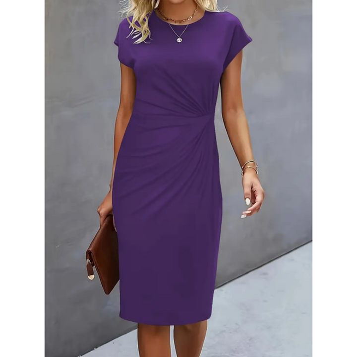 Women's formal bodycon midi dress with ruched waist & cap sleeves. Elegant office wear or cocktail attire.