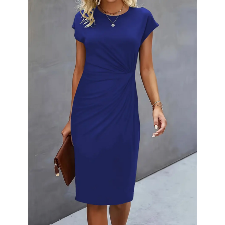 Elegant women's formal bodycon midi dress for special occasions. Features chic ruched waist & fitted silhouette.