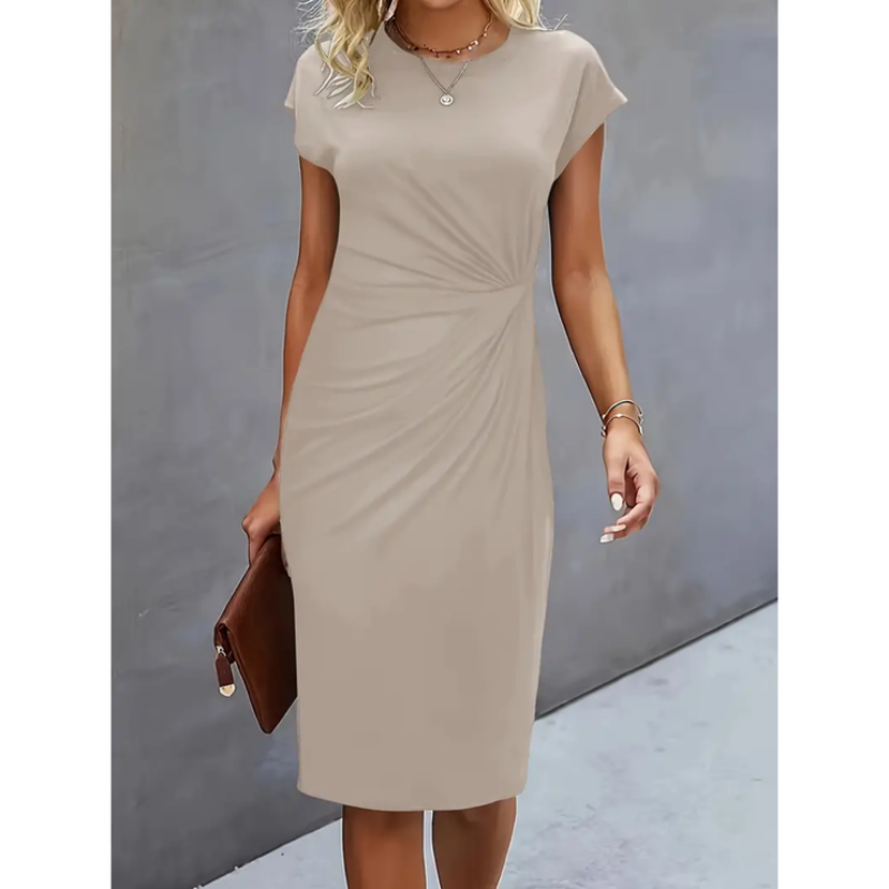 Fitted women's formal midi dress with flattering ruched waist, bodycon silhouette & cap sleeves. Sophisticated style.