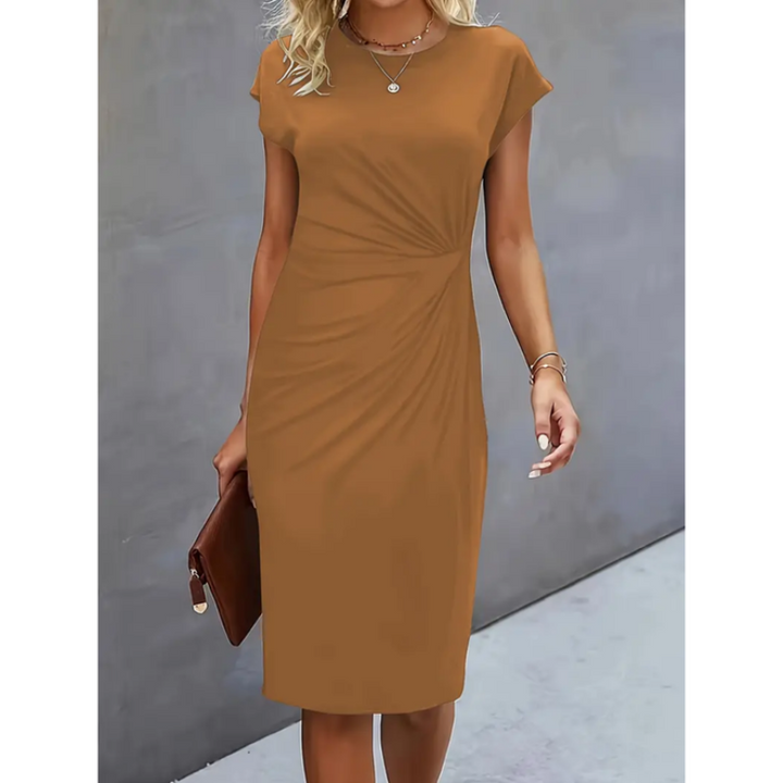Stylish women's midi bodycon dress. Perfect formal wear with elegant ruched waist, cap sleeves & fitted design.