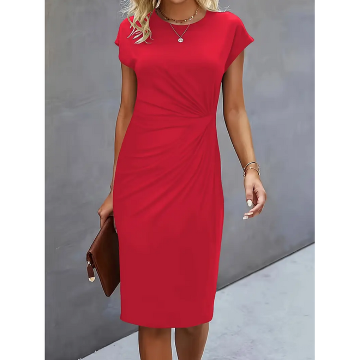Chic women's cocktail midi dress. Elegant bodycon fit with flattering ruched waist & cap sleeves for special events.