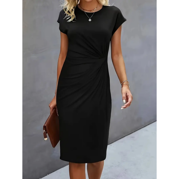 Women's elegant bodycon midi dress, formal style. Features a fashionable ruched waist, cap sleeves & midi length.