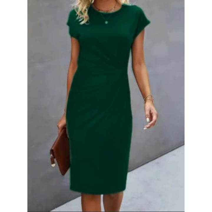 Versatile women's formal ruched waist bodycon midi dress. Elegant, fitted design for office, parties, or events.
