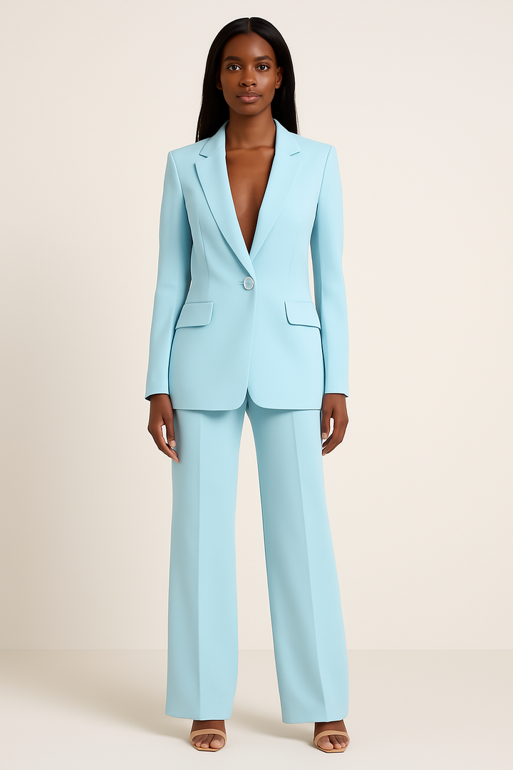 Women's formal long blazer & trousers suit set. Elegant business attire, perfect for office or professional events.