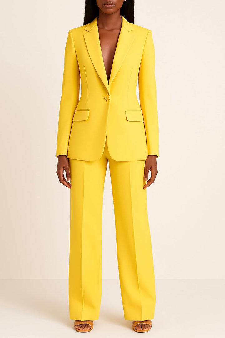 Elegant women's suit set, featuring a stylish long blazer & well-fitted trousers. Ideal for business & formal occasions.