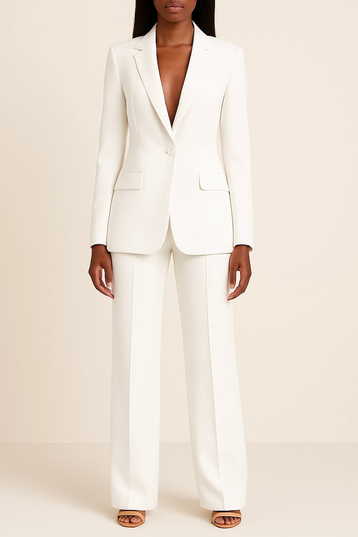 Sophisticated women's fashion: a long blazer and trousers formal suit set. Perfect for a chic and professional outfit.
