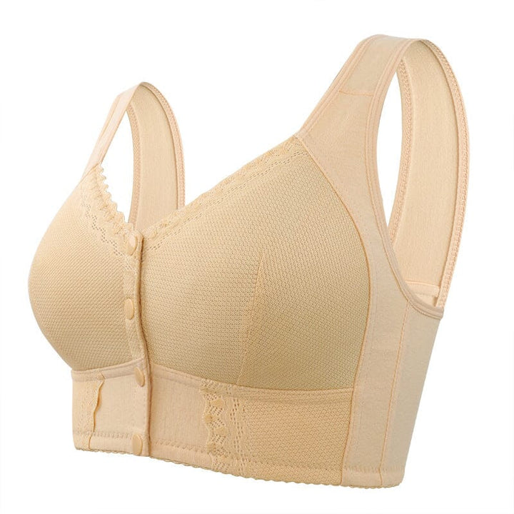 Full view of women's front-closure breathable bra, highlighting its seamless construction