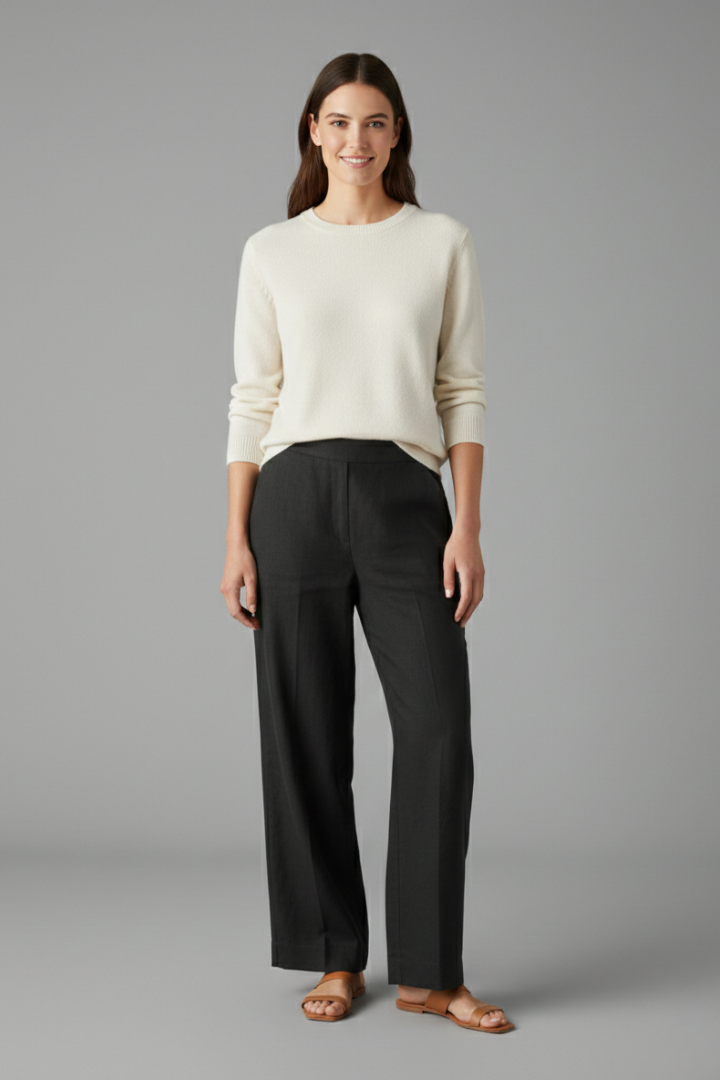 Casual pull-on women's straight leg trousers featuring a comfortable elastic waist and practical side pockets.