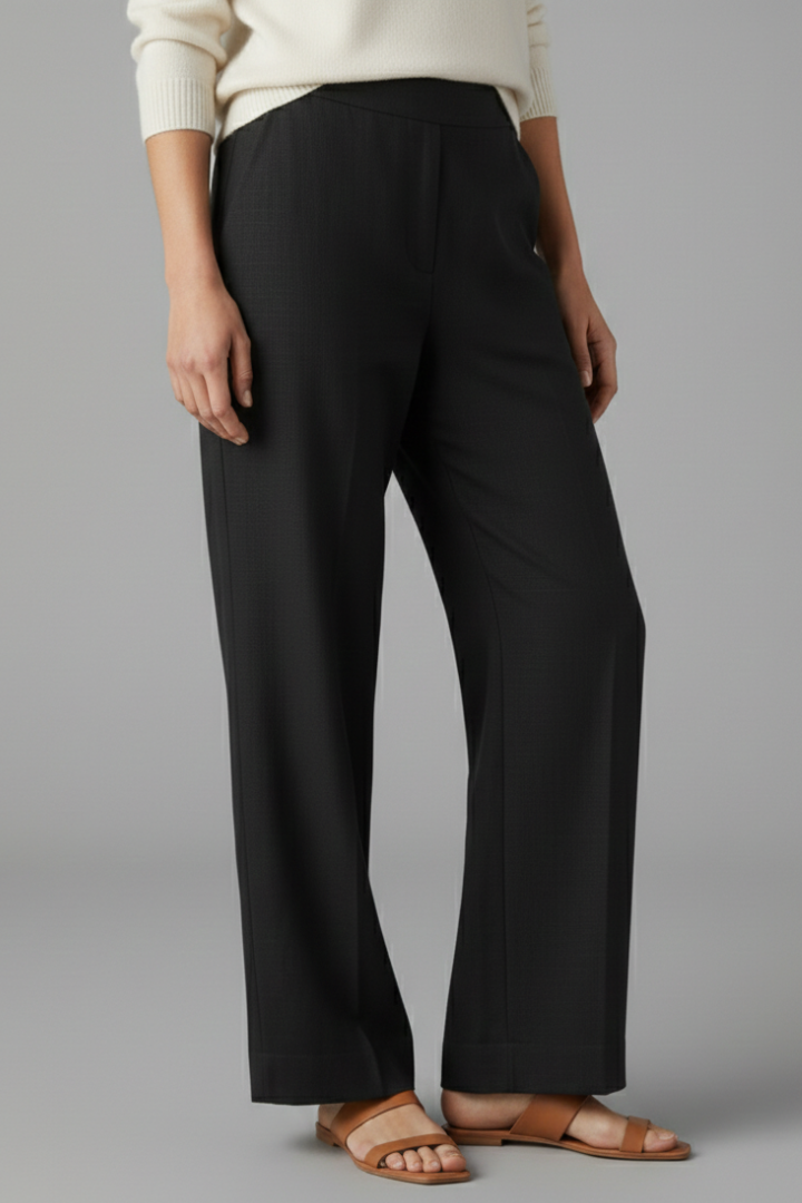 Soft fabric women's full-length straight leg trousers, featuring an elastic waist for ultimate comfort.