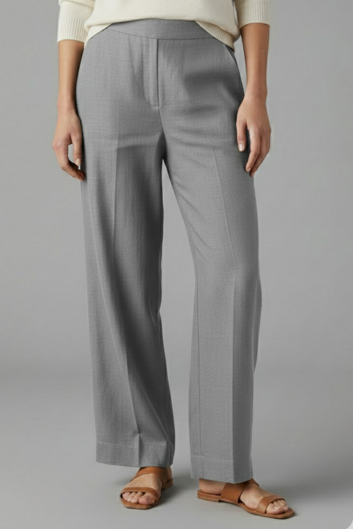 Front view of women's straight leg trousers, full-length, elastic waist, and convenient side pockets.