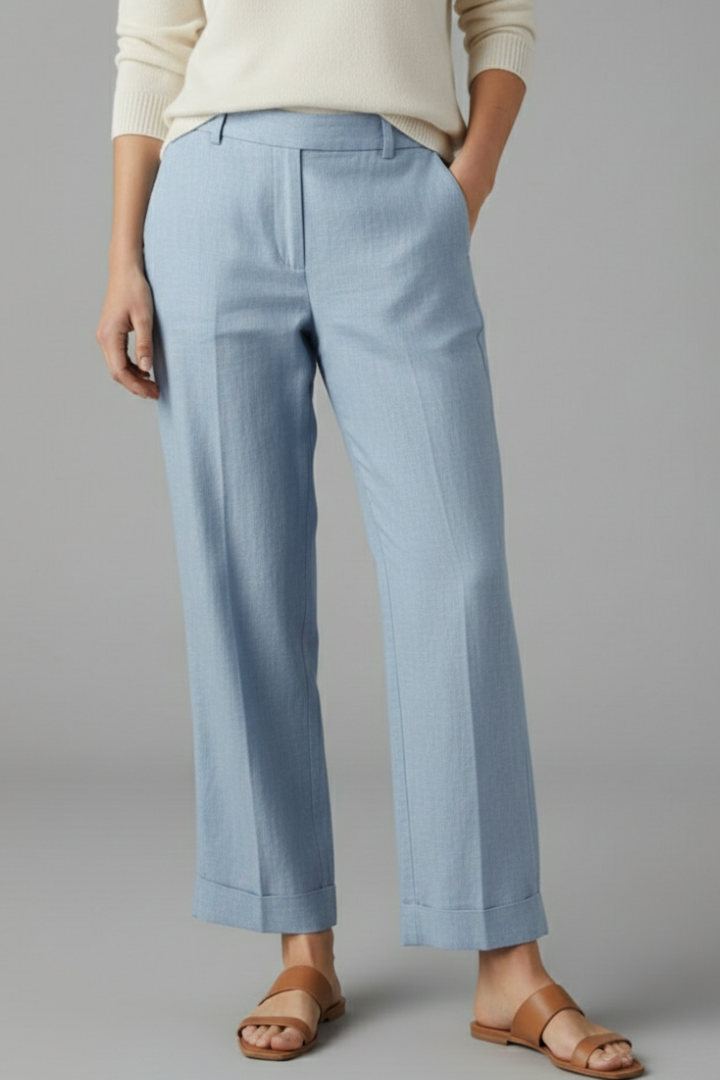 Relaxed fit women's full-length straight leg trousers with elastic waist, ideal for comfortable daily wear.