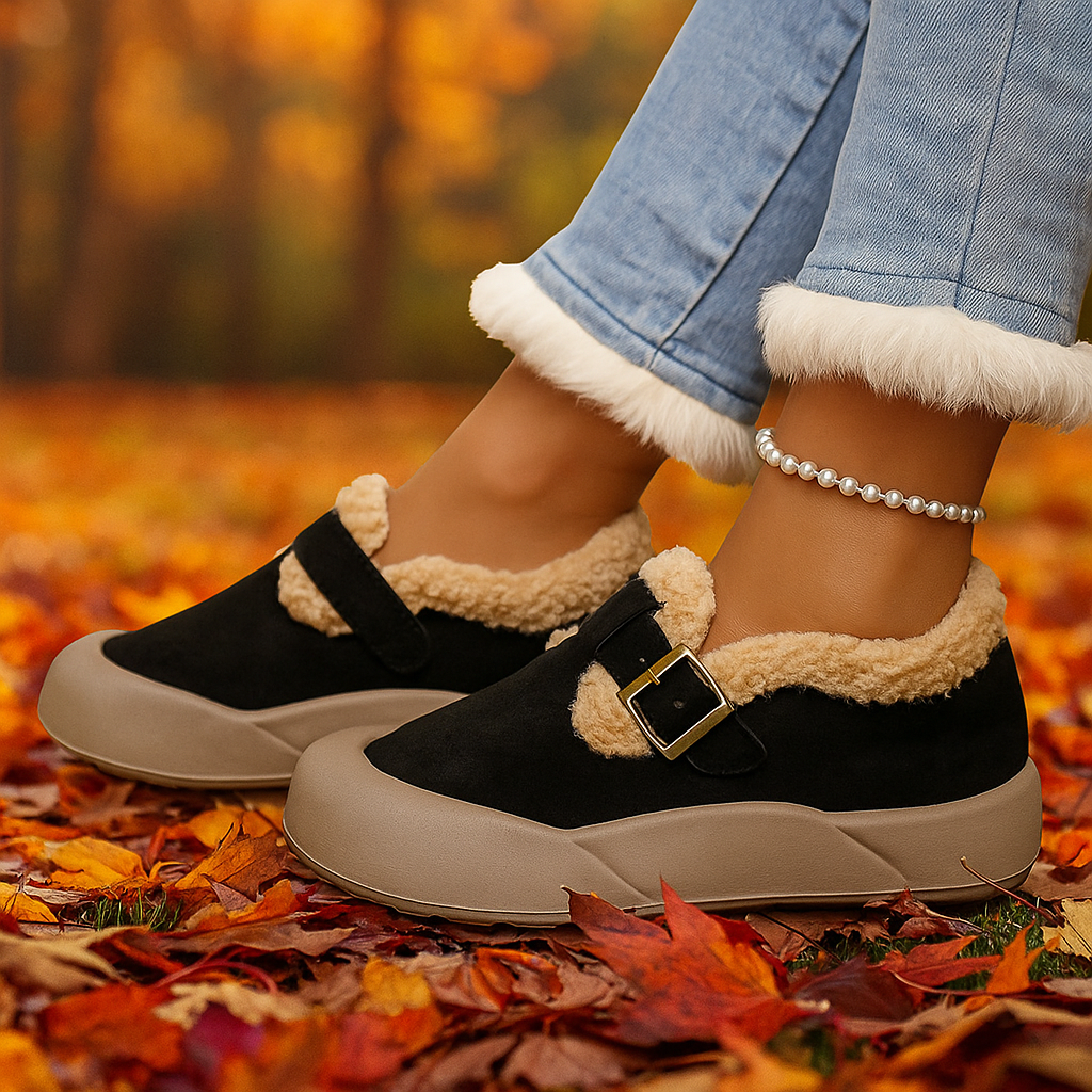 Close-up of a women's leather clog showing the decorative adjustable buckle and soft fleece interior.