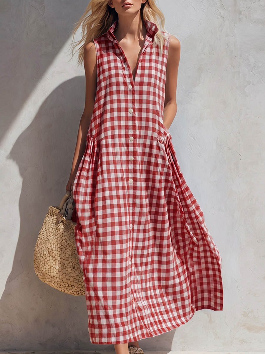 Casual women's flowy sleeveless maxi dress featuring a collared neckline and classic gingham check print.