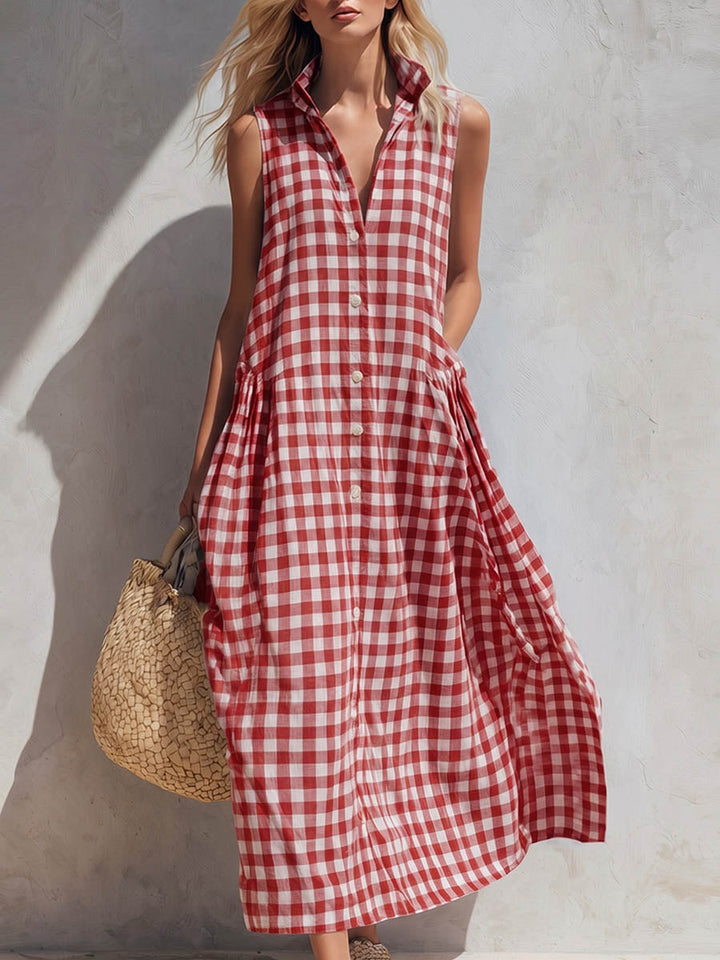 Casual women's flowy sleeveless maxi dress featuring a collared neckline and classic gingham check print.