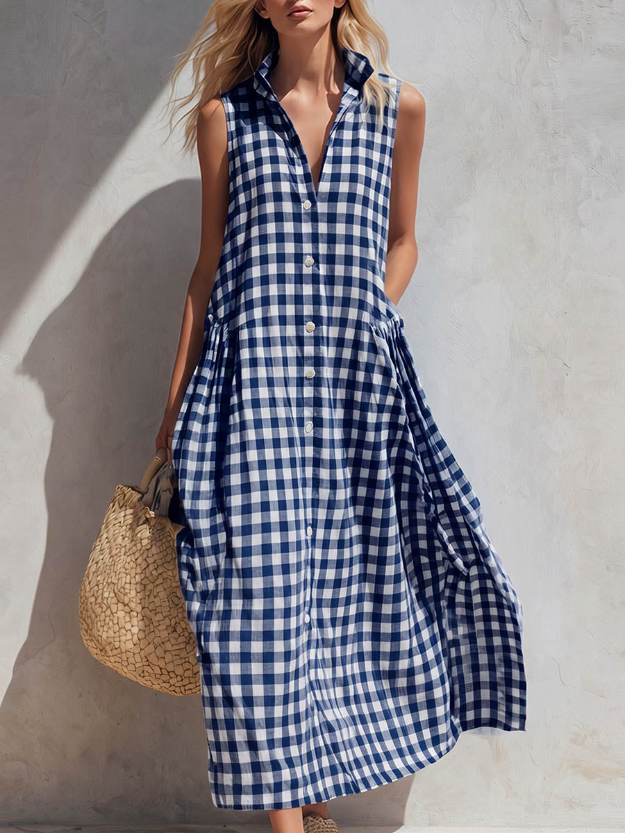 Comfortable women's gingham check sleeveless maxi dress with a collar. Perfect checkered print summer fashion.
