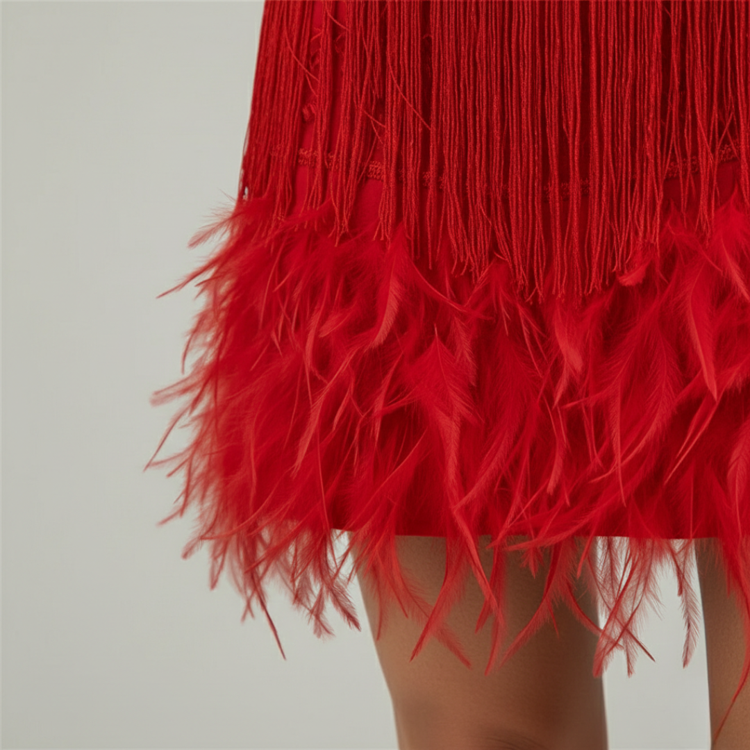 Trendy women's sequin feather fringe mini party dress. A dazzling statement piece for night events.