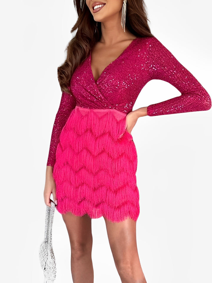 Sparkling long sleeve sequin fringe wrap mini dress, perfect for glamorous dance events.