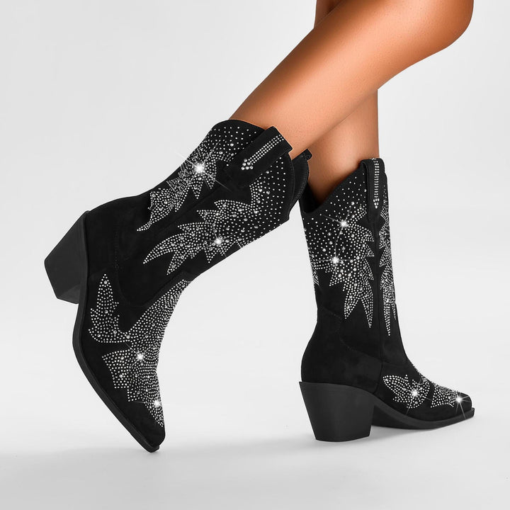 Close-up of women's western fashion boots, showcasing rhinestone accents and a sturdy chunky heel