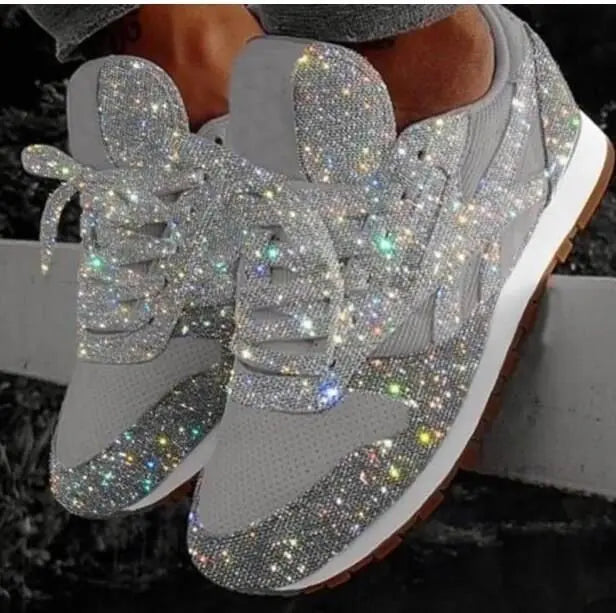 Sparkling women's glitter lace-up sneakers. Trendy everyday casual shoes with comfortable design.