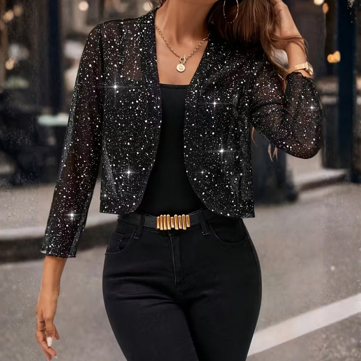Glamorous women's sequin glitter jacket, sparkling fashion cardigan with long sleeves, ideal for party & evening wear.