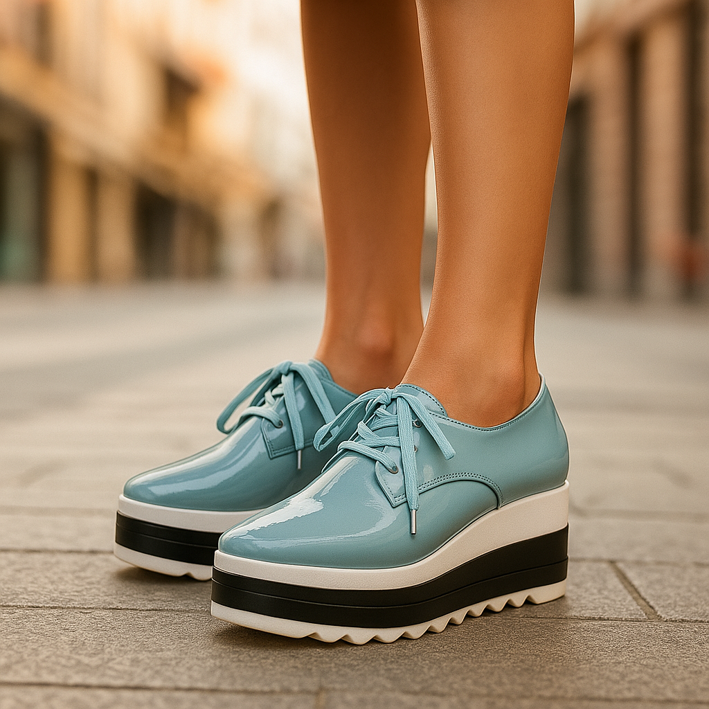 Detailed shot of the orthopedic insole within women's glossy platform sneakers, emphasizing comfort features.