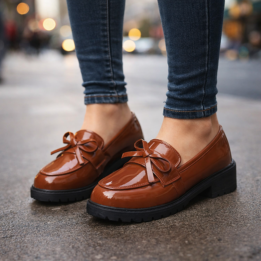 Close-up of women's patent leather loafers, showcasing the glossy finish and penny strap detail