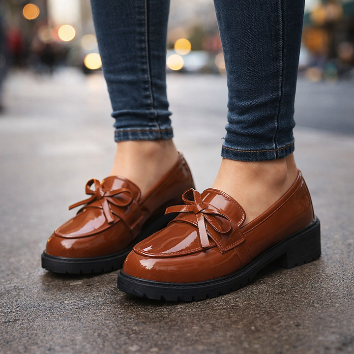 Close-up of women's patent leather loafers, showcasing the glossy finish and penny strap detail