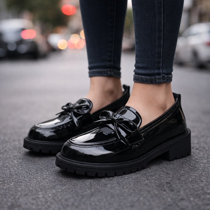 Pair of women's glossy dress shoes, patent leather loafers with a classic penny design