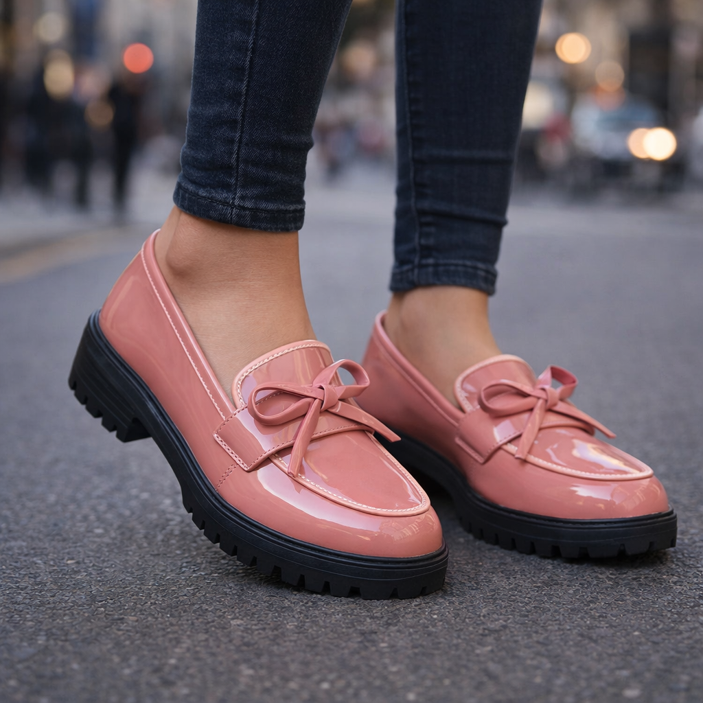 Side profile of a women's patent leather penny loafer, highlighting its sleek design