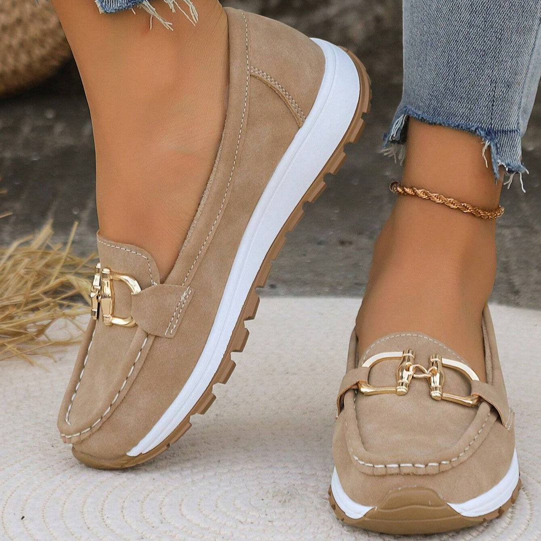 Women's gold buckle khaki loafers, perfect comfort shoes for casual slip-on everyday style.