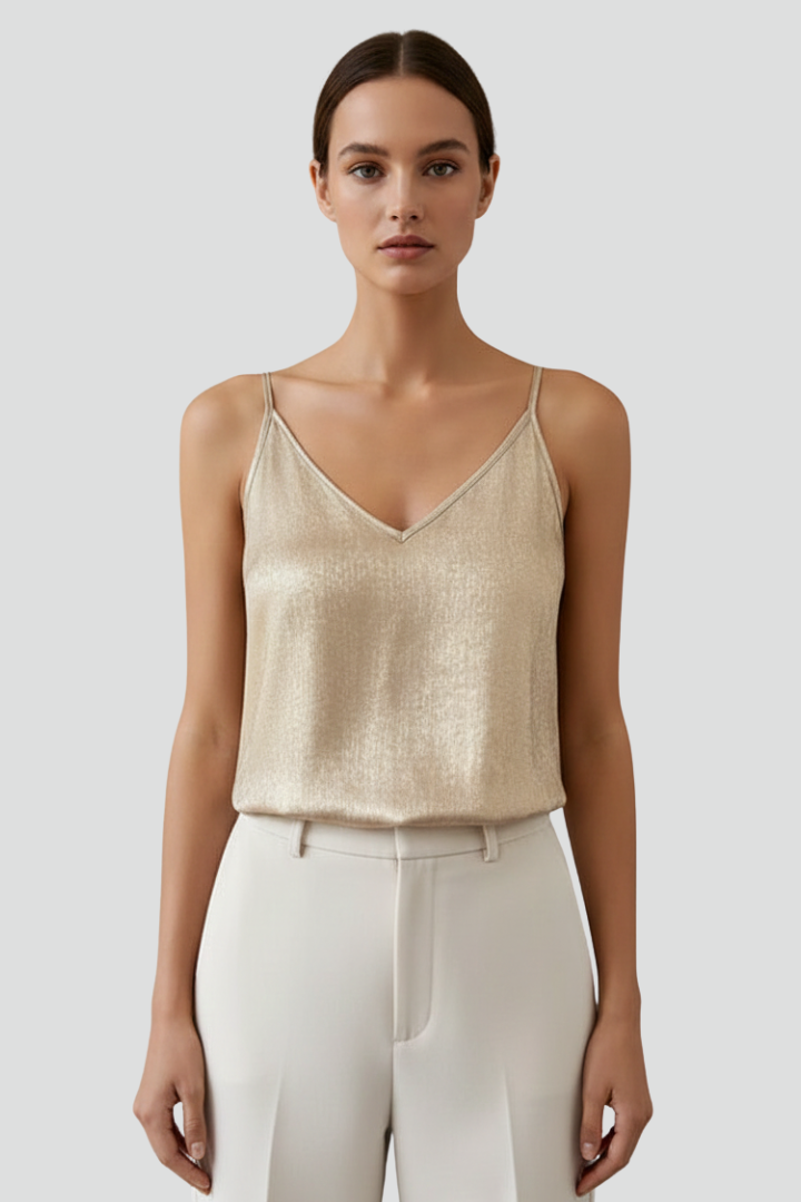 Elegant gold V-neck camisole top for women, sleeveless with thin spaghetti straps, for a refined summer look.
