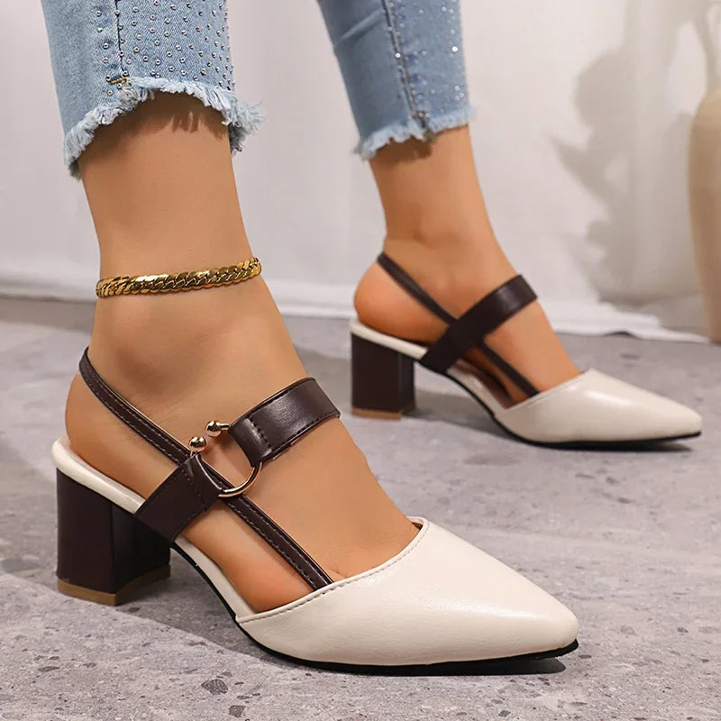 Black leather block heels with a unique golden ring accent, women's comfortable dress shoes.