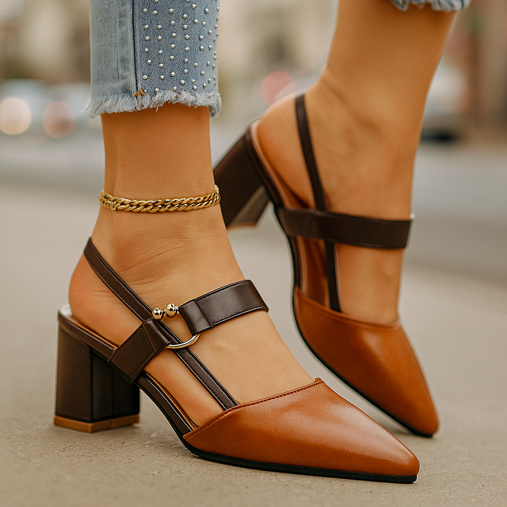 Chic black leather block heels for women, featuring a stylish golden ring accent, comfortable.