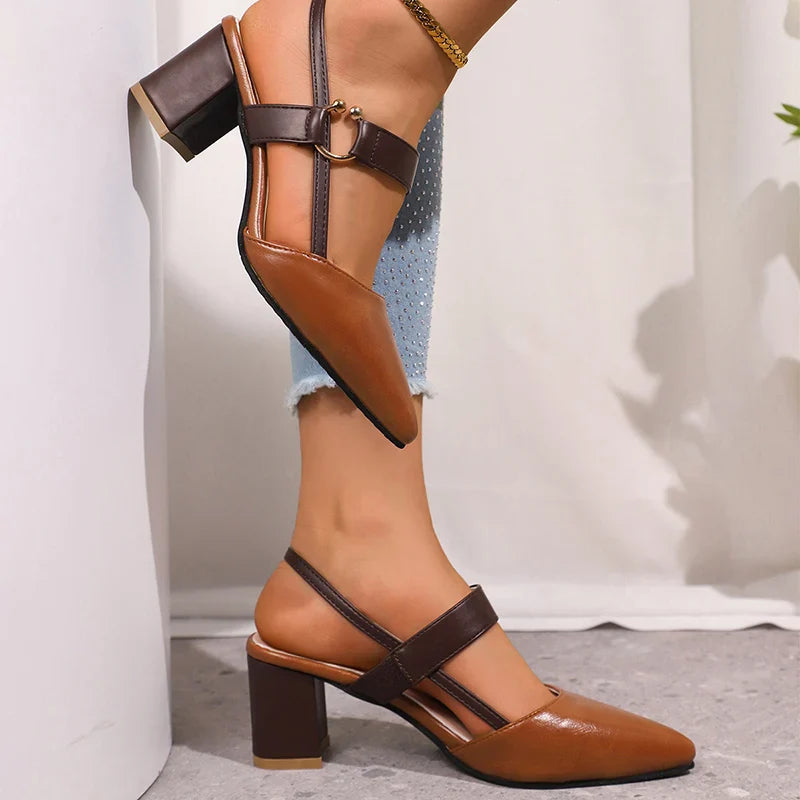 Fashionable women's block heels, black leather with a distinctive golden ring accent, versatile.
