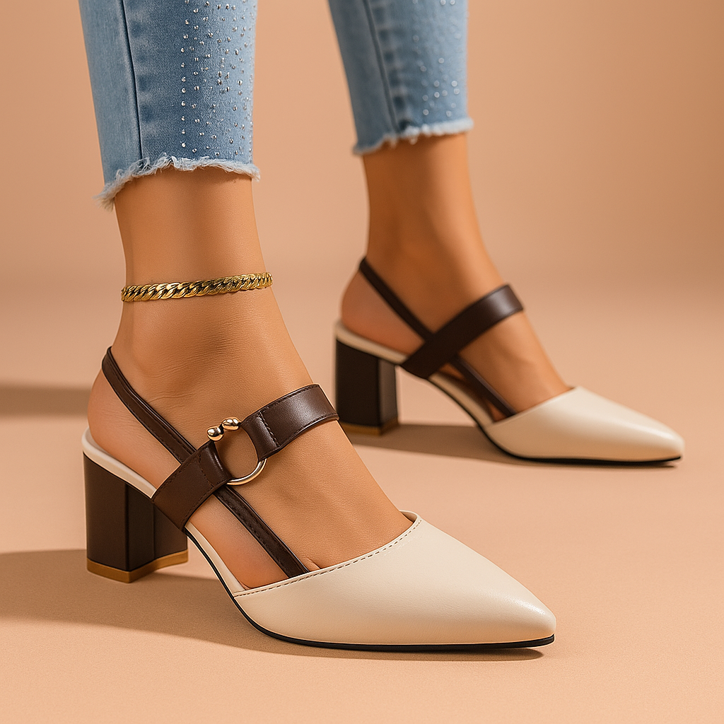 Black leather block heels, women's dress shoes with a striking golden ring accent, formal wear.