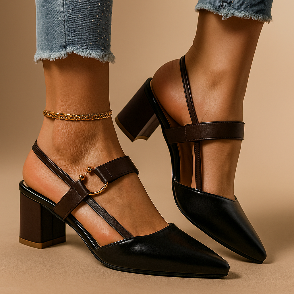 Stylish women's black block heels, golden ring accent adds a touch of sophistication to any outfit.