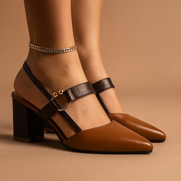 Dressy women's block heels with golden ring feature, black leather, versatile for chic looks.
