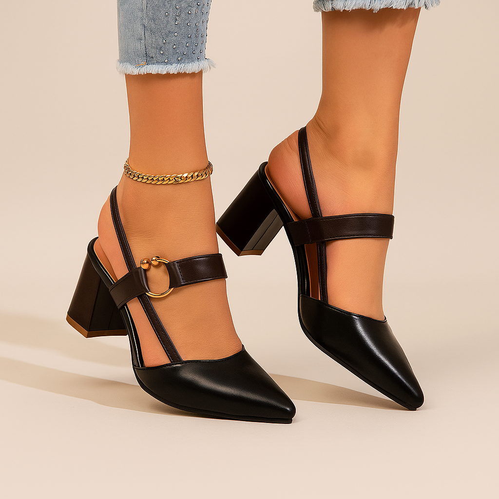 Golden ring detailed black block heels for women, comfortable leather dress shoes for occasions.