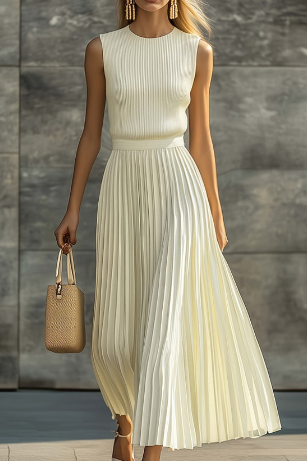 Women's graceful pleated sleeveless midi dress in a vibrant color, perfect for summer casual or elegant occasions.