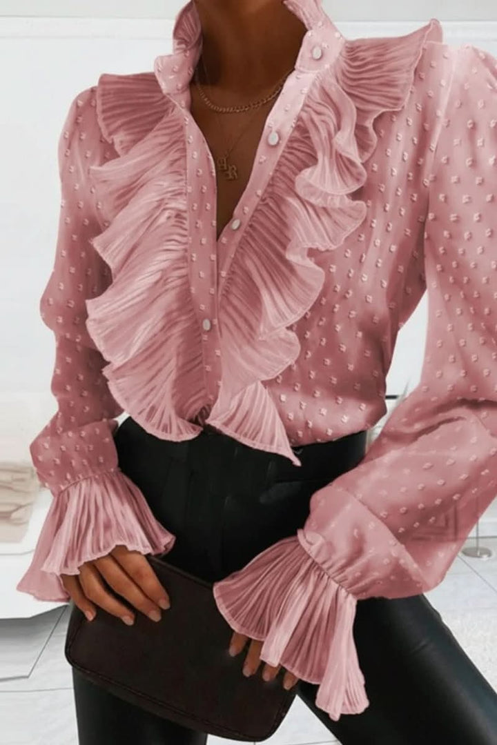 Sophisticated women's long sleeve ruffle blouse, a classic elegant top for timeless fashion and office wear.
