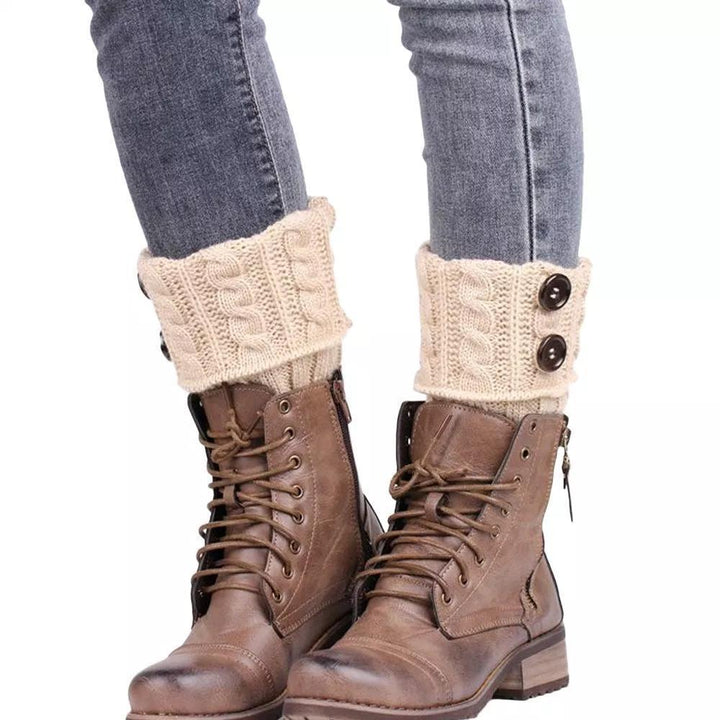 Top-down view of knitted boot toppers for women, showing the soft acrylic material & buttons