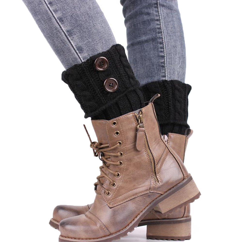Three pairs of women's knit boot toppers in different shades, all with decorative buttons