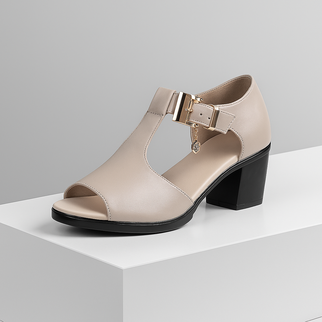 Women's gray open-toe block heel pumps with buckle, stylish & comfortable for evening wear.