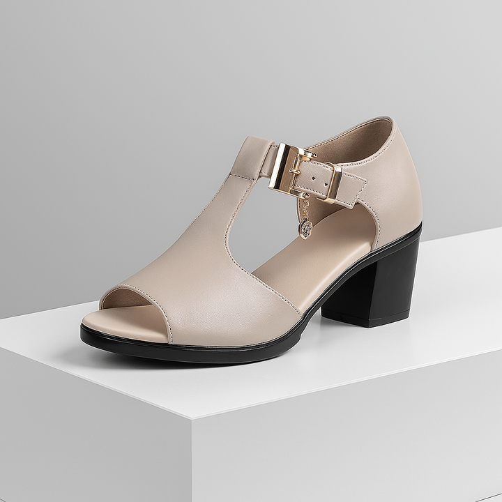 Women's gray open-toe block heel pumps with buckle, stylish & comfortable for evening wear.