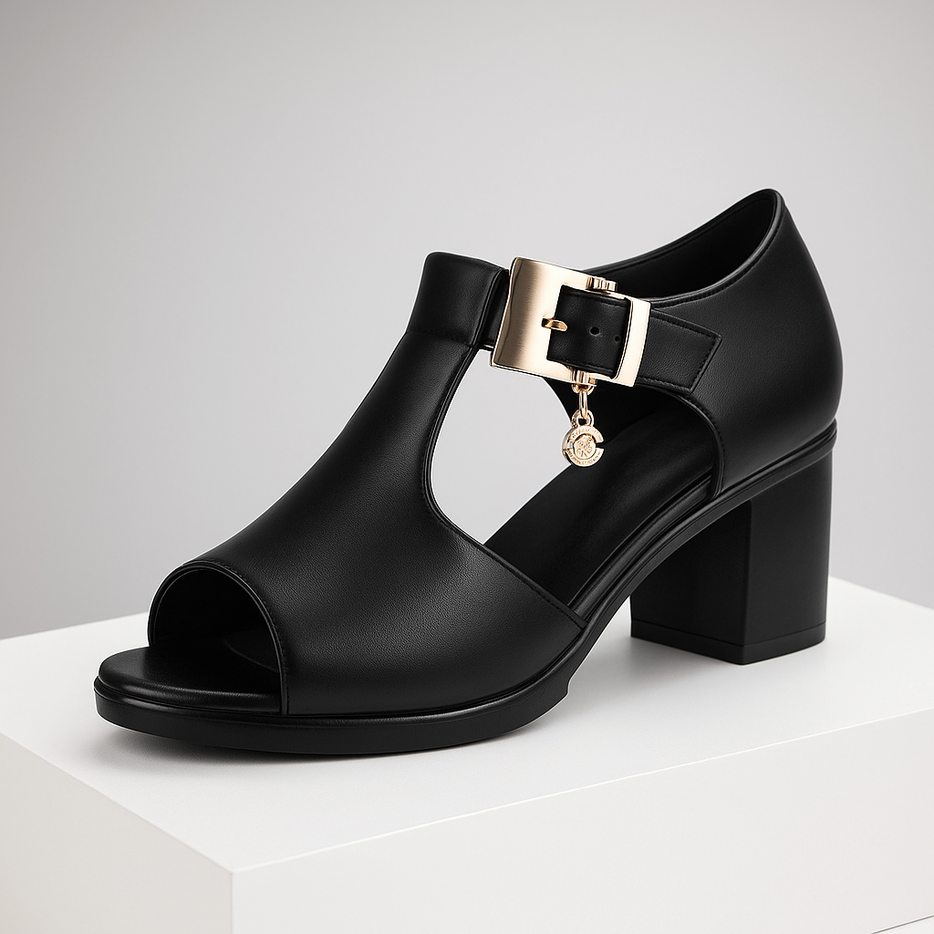 Black leather open-toe block heel pumps for women, featuring elegant buckle detail.